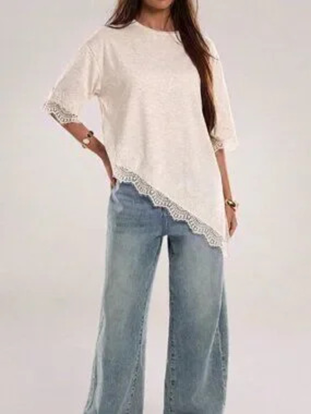 Apricot Casual Women's Lace Patchwork Drop Sleeve Round Neck Oversized T-Shirt
